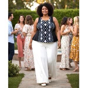 Lane Bryant Neoprene Top Black with Navy/White Tie Dye Zip Back 26W